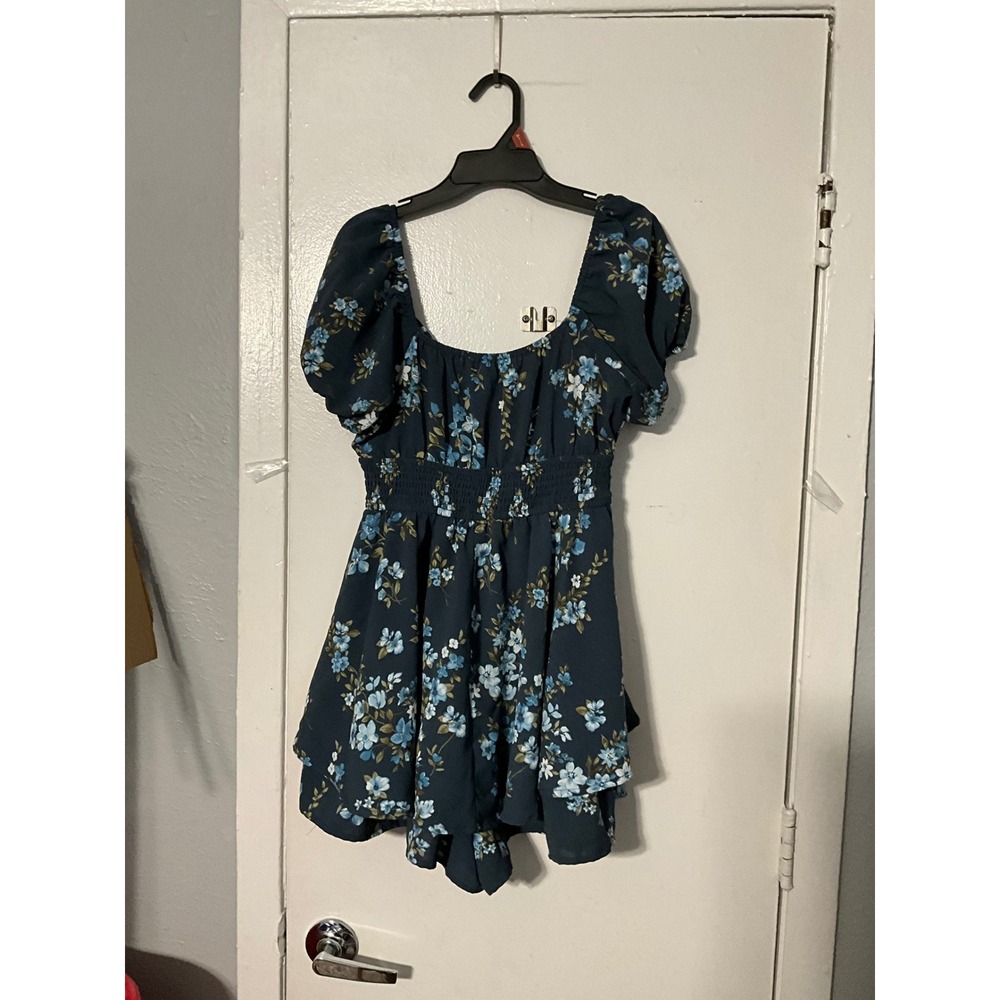 Inspired Hearts Women Blue Floral Puff Sleeve Smocked Waist Ruffle Romper Teal M